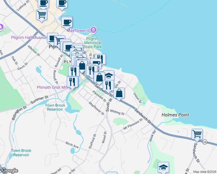 map of restaurants, bars, coffee shops, grocery stores, and more near 70 Sandwich Street in Plymouth