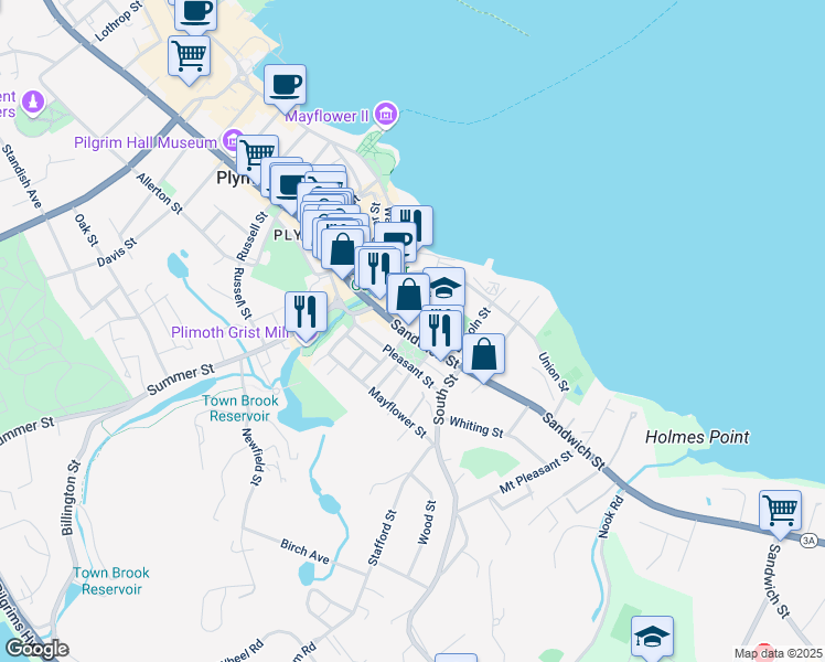 map of restaurants, bars, coffee shops, grocery stores, and more near 70 Sandwich Street in Plymouth