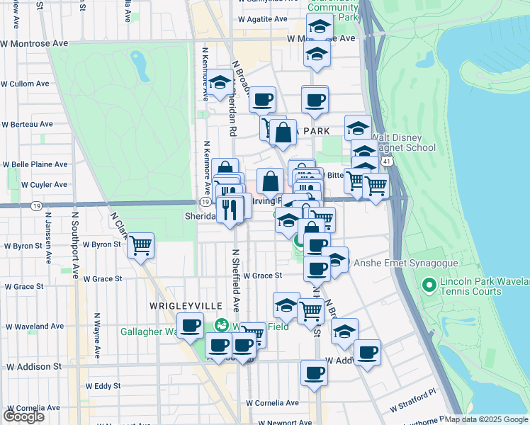 map of restaurants, bars, coffee shops, grocery stores, and more near 903 West Dakin Street in Chicago