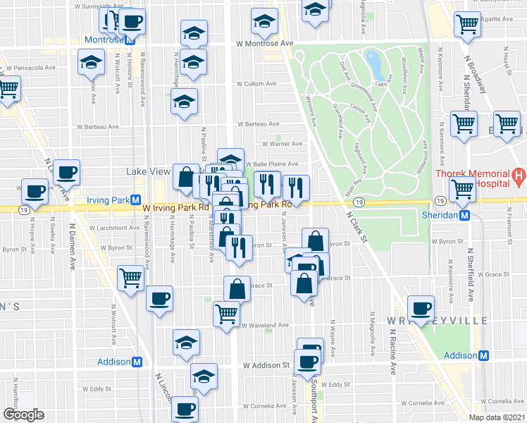 map of restaurants, bars, coffee shops, grocery stores, and more near 1467 West Irving Park Road in Chicago