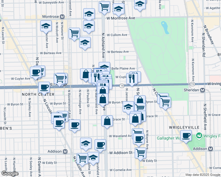 map of restaurants, bars, coffee shops, grocery stores, and more near 1467 West Irving Park Road in Chicago