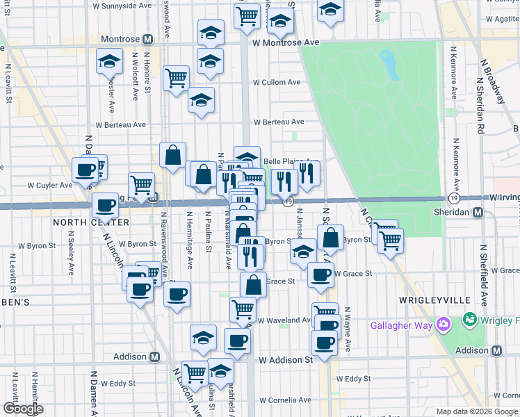 map of restaurants, bars, coffee shops, grocery stores, and more near 1515 West Irving Park Road in Chicago