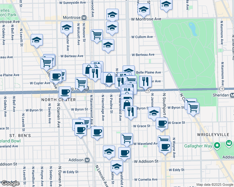 map of restaurants, bars, coffee shops, grocery stores, and more near 3934 North Marshfield Avenue in Chicago