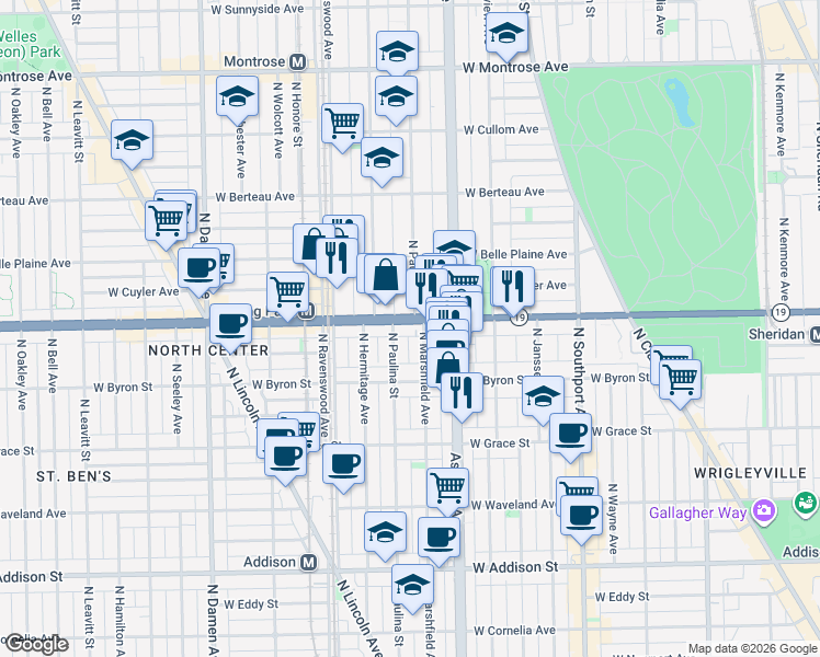 map of restaurants, bars, coffee shops, grocery stores, and more near 3934 North Marshfield Avenue in Chicago