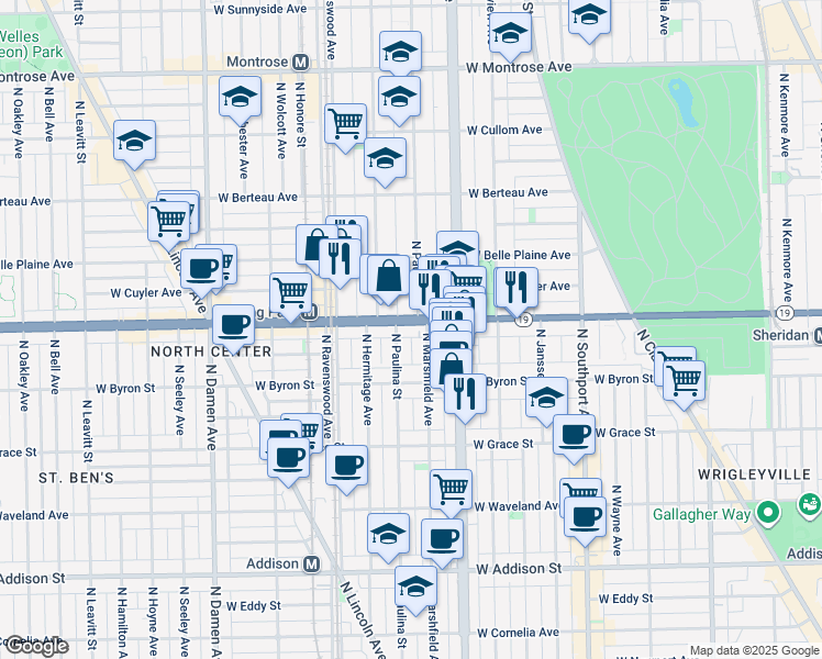 map of restaurants, bars, coffee shops, grocery stores, and more near 3934 North Marshfield Avenue in Chicago