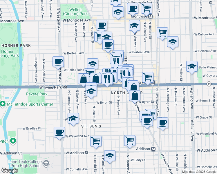 map of restaurants, bars, coffee shops, grocery stores, and more near 3943 North Hoyne Avenue in Chicago