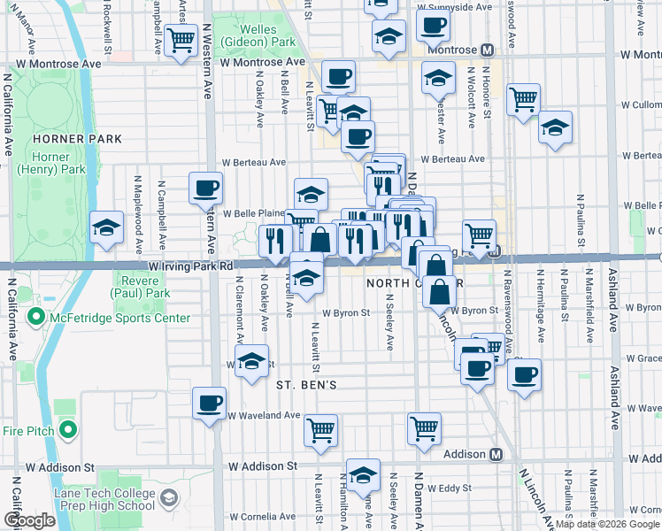 map of restaurants, bars, coffee shops, grocery stores, and more near 3938 North Hamilton Avenue in Chicago