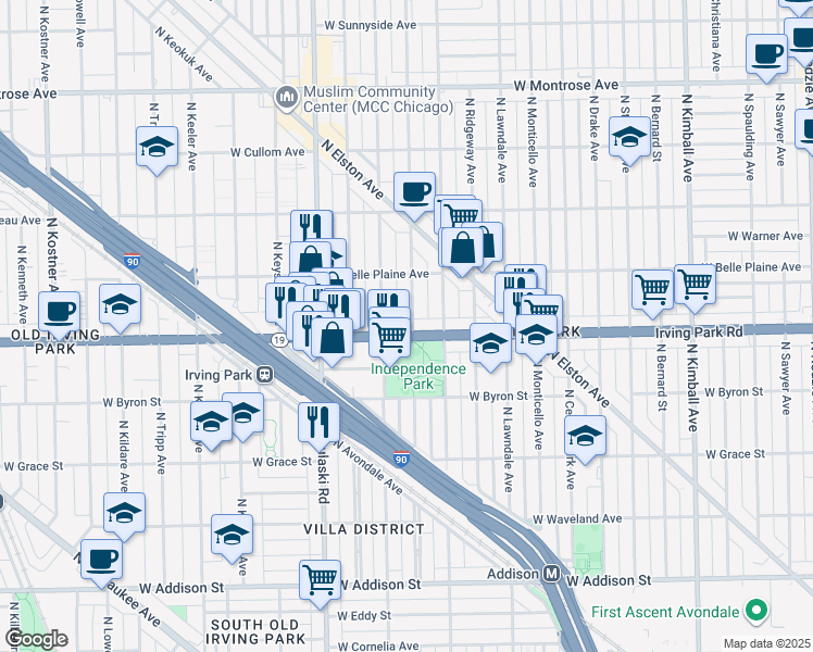 map of restaurants, bars, coffee shops, grocery stores, and more near 3945 North Springfield Avenue in Chicago