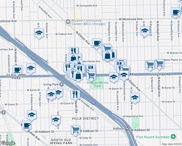 map of restaurants, bars, coffee shops, grocery stores, and more near 3945 North Springfield Avenue in Chicago