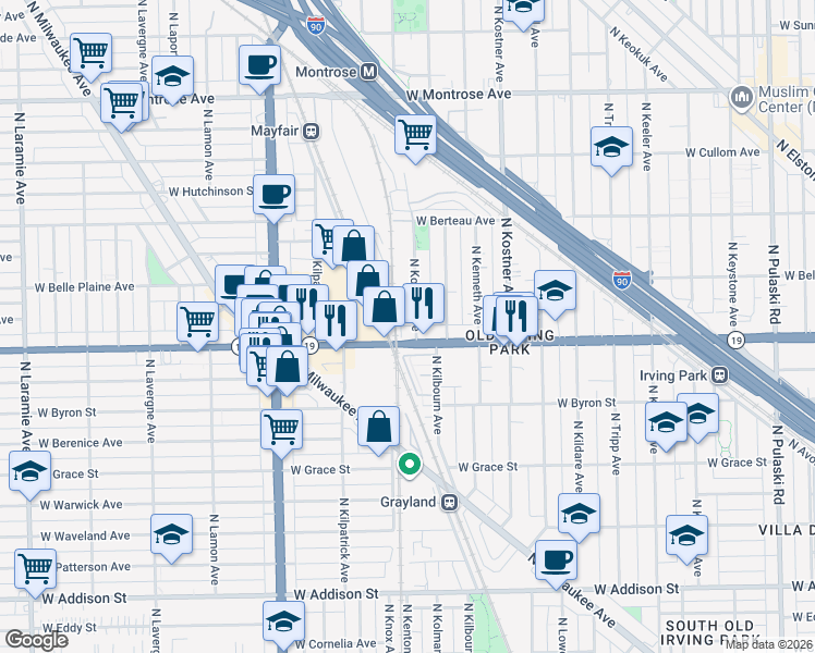 map of restaurants, bars, coffee shops, grocery stores, and more near 4543 Illinois 19 in Chicago