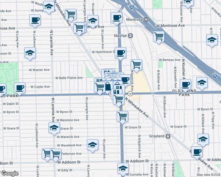 map of restaurants, bars, coffee shops, grocery stores, and more near 4034 North Milwaukee Avenue in Chicago