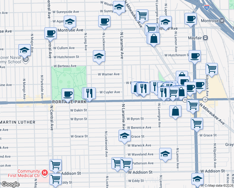 map of restaurants, bars, coffee shops, grocery stores, and more near 5206 Irving Park Road in Chicago