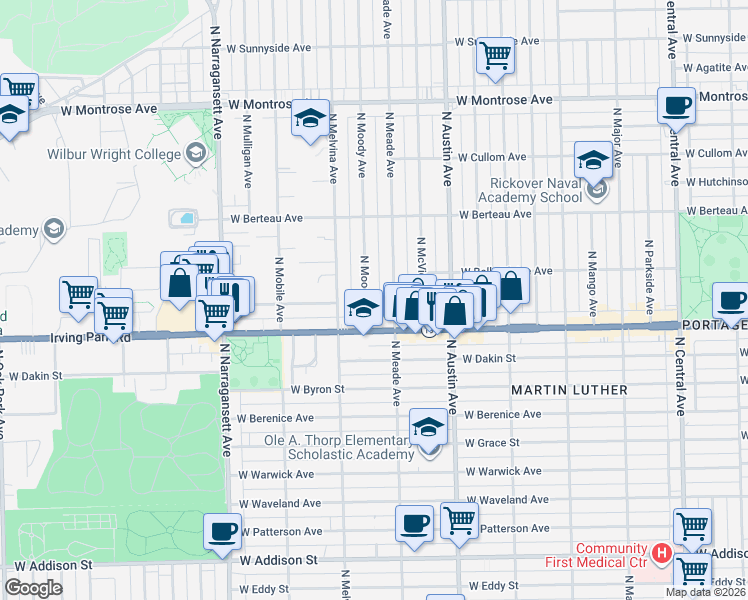 map of restaurants, bars, coffee shops, grocery stores, and more near 4015 North Moody Avenue in Chicago