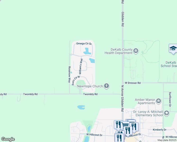 map of restaurants, bars, coffee shops, grocery stores, and more near 2337 Ruby Lane in DeKalb