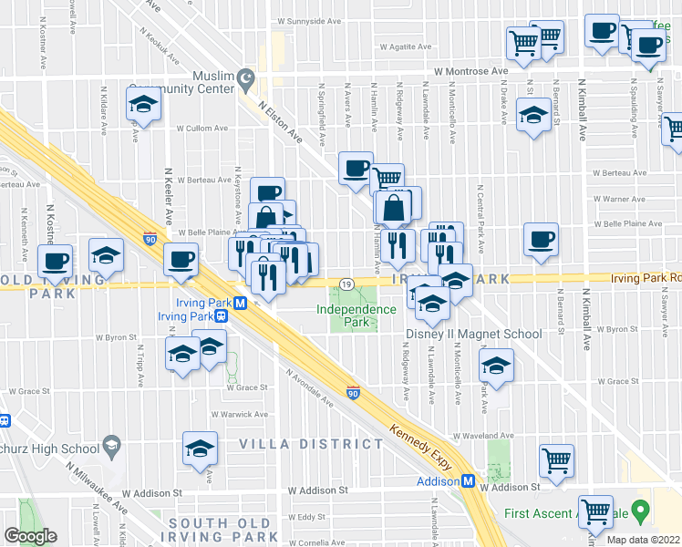 map of restaurants, bars, coffee shops, grocery stores, and more near 3842 West Irving Park Road in Chicago