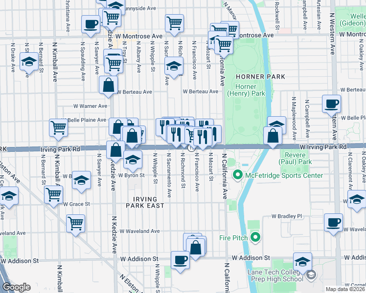 map of restaurants, bars, coffee shops, grocery stores, and more near West Irving Park Road in Chicago