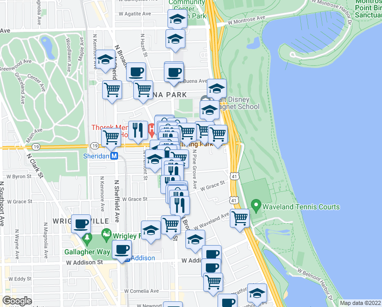 map of restaurants, bars, coffee shops, grocery stores, and more near 3910 North Pine Grove Avenue in Chicago