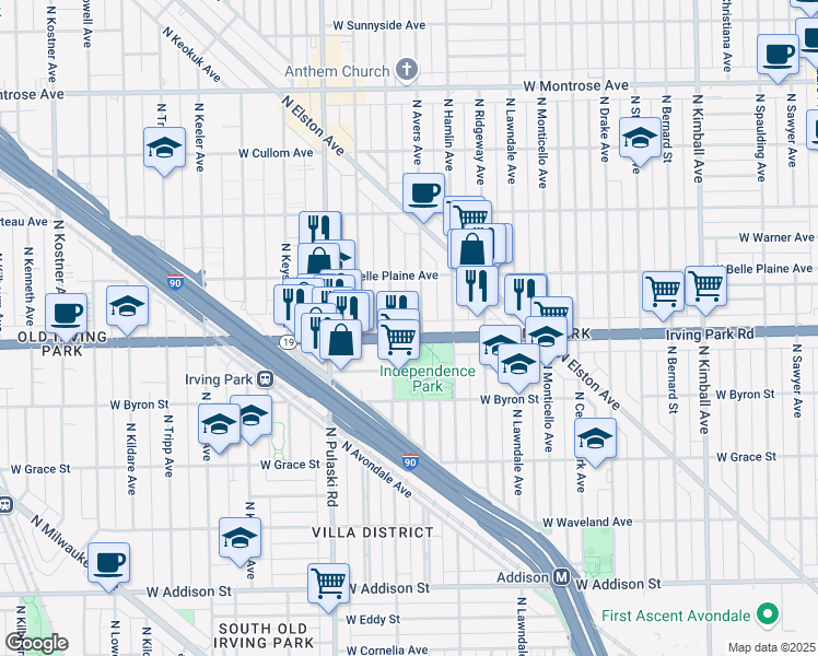 map of restaurants, bars, coffee shops, grocery stores, and more near 3945 North Springfield Avenue in Chicago