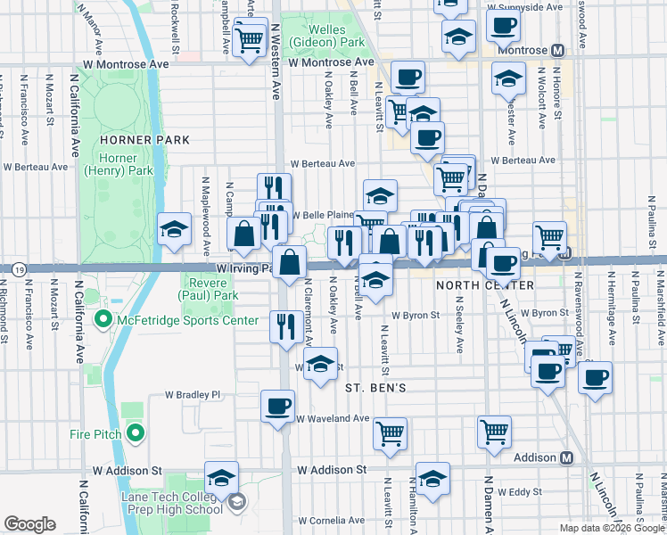 map of restaurants, bars, coffee shops, grocery stores, and more near W Irving Park Rd & N Oakley Ave in Chicago