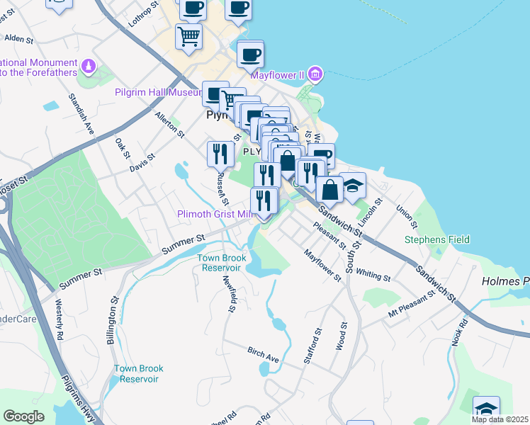 map of restaurants, bars, coffee shops, grocery stores, and more near 42 Summer Street in Plymouth