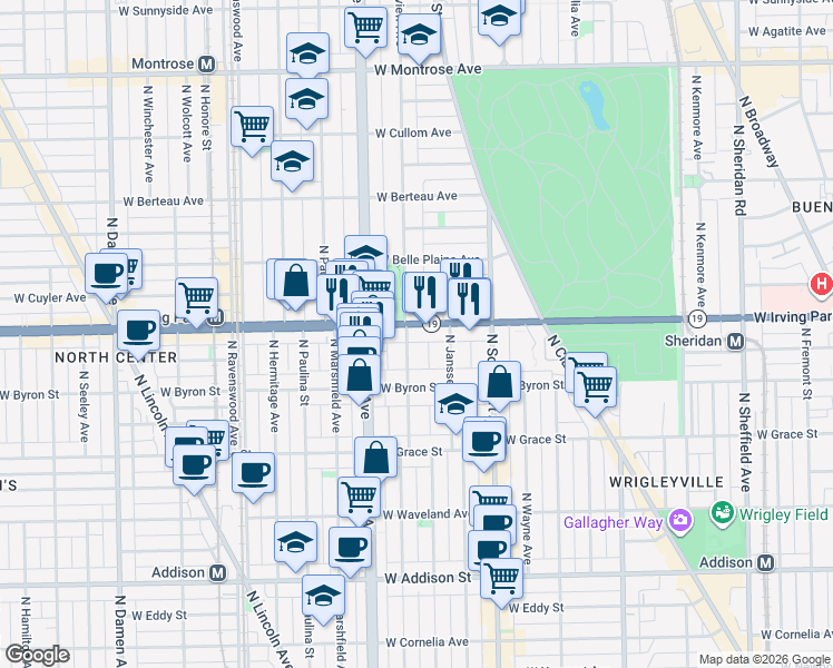 map of restaurants, bars, coffee shops, grocery stores, and more near 1467 West Irving Park Road in Chicago