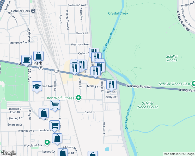 map of restaurants, bars, coffee shops, grocery stores, and more near 9280 Irving Park Road in Schiller Park