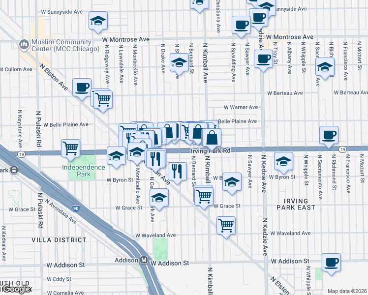 map of restaurants, bars, coffee shops, grocery stores, and more near 3452 West Irving Park Road in Chicago