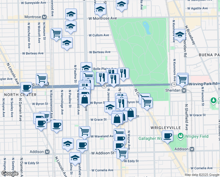 map of restaurants, bars, coffee shops, grocery stores, and more near 3945 North Janssen Avenue in Chicago