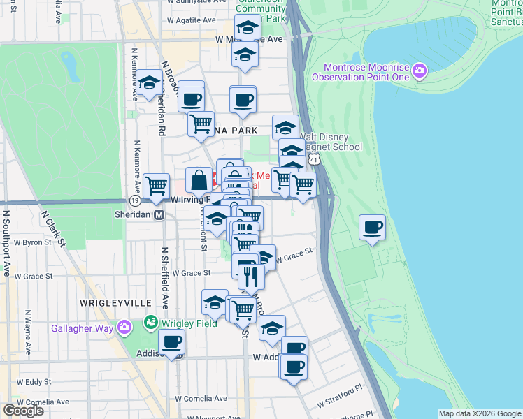 map of restaurants, bars, coffee shops, grocery stores, and more near 3930 North Pine Grove Avenue in Chicago