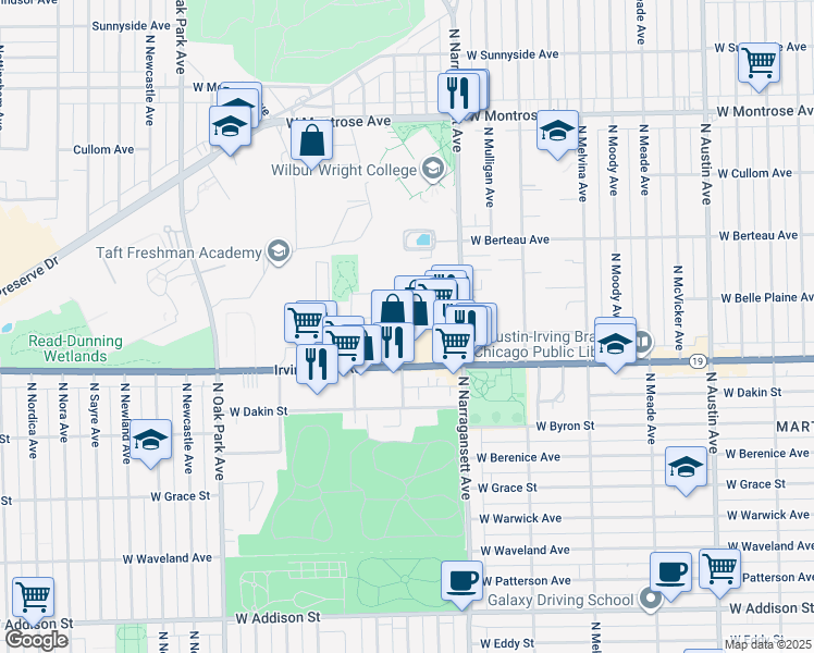 map of restaurants, bars, coffee shops, grocery stores, and more near 6456 West Irving Park Road in Chicago