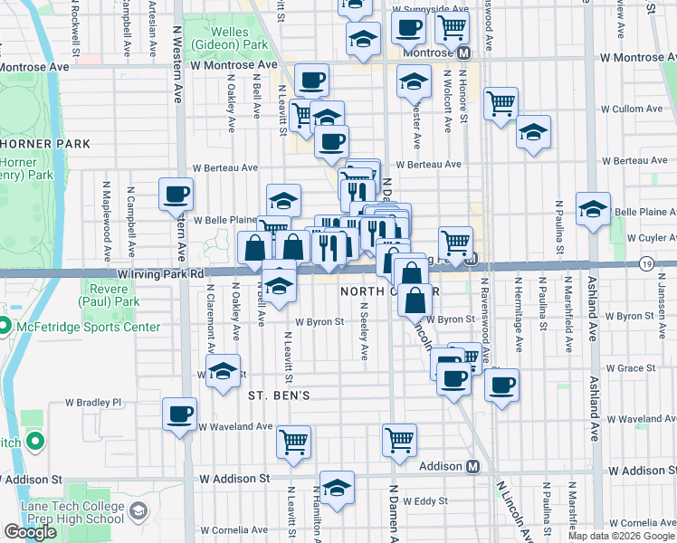 map of restaurants, bars, coffee shops, grocery stores, and more near W Irving Park Rd & N Hoyne Ave in Chicago
