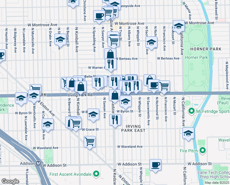 map of restaurants, bars, coffee shops, grocery stores, and more near 3998 North Kedzie Avenue in Chicago