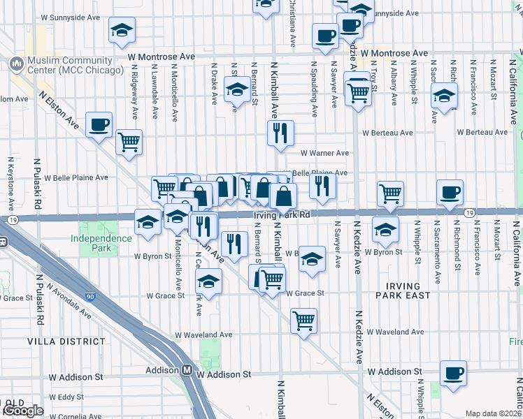 map of restaurants, bars, coffee shops, grocery stores, and more near 3423 Irving Park Road in Chicago