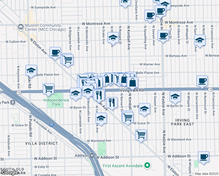 map of restaurants, bars, coffee shops, grocery stores, and more near 3510 West Irving Park Road in Chicago