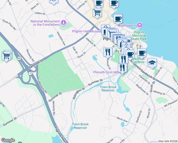 map of restaurants, bars, coffee shops, grocery stores, and more near 13 Oak Street in Plymouth