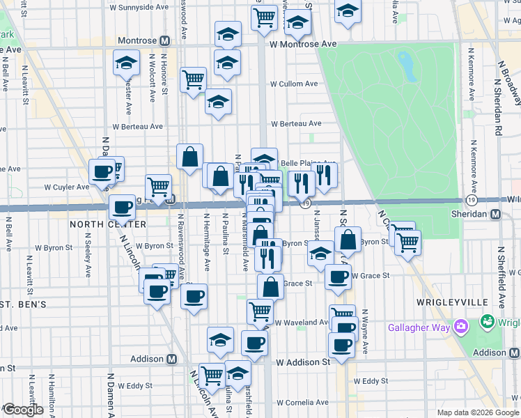 map of restaurants, bars, coffee shops, grocery stores, and more near 1515 West Irving Park Road in Chicago