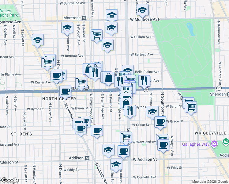 map of restaurants, bars, coffee shops, grocery stores, and more near 3934 North Marshfield Avenue in Chicago