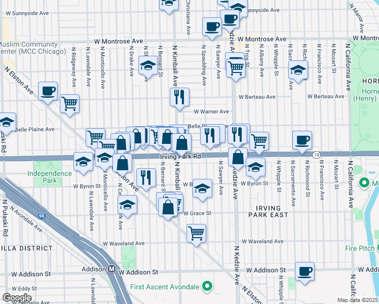 map of restaurants, bars, coffee shops, grocery stores, and more near 3951 North Kimball Avenue in Chicago