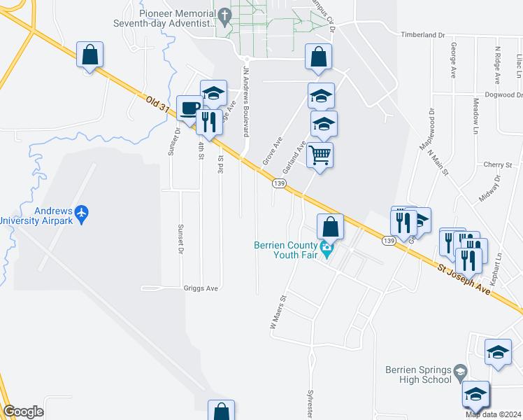 map of restaurants, bars, coffee shops, grocery stores, and more near 9099 1st Street in Berrien County