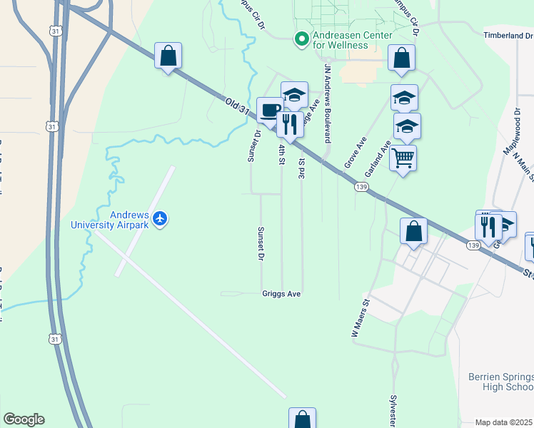 map of restaurants, bars, coffee shops, grocery stores, and more near 9133 Sunset Drive in Berrien Springs