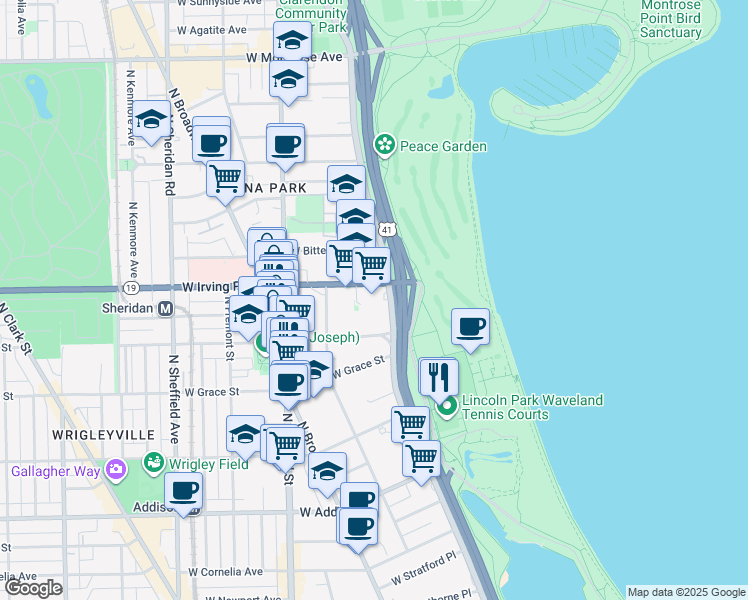map of restaurants, bars, coffee shops, grocery stores, and more near 655 West Irving Park Road in Chicago