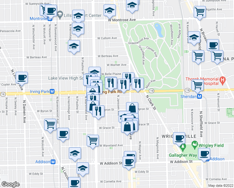 map of restaurants, bars, coffee shops, grocery stores, and more near 3934 North Janssen Avenue in Chicago