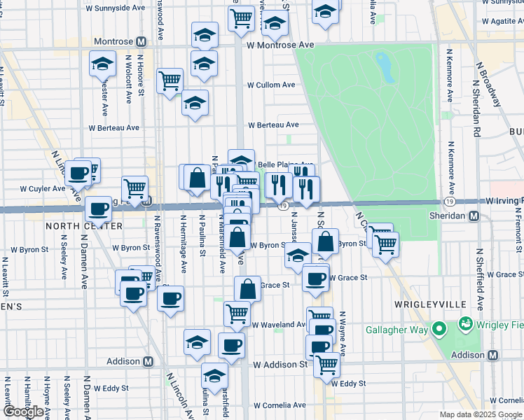 map of restaurants, bars, coffee shops, grocery stores, and more near 1467 West Irving Park Road in Chicago