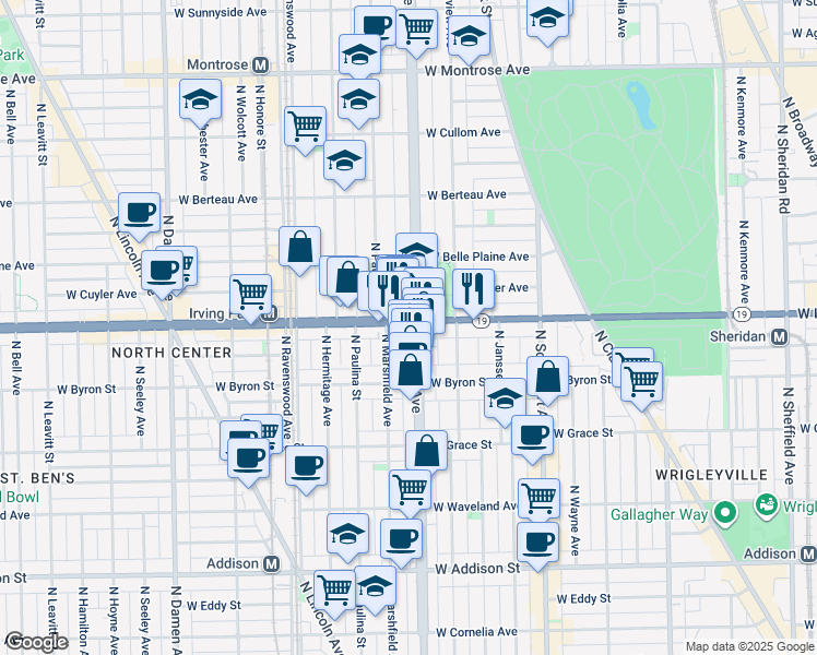map of restaurants, bars, coffee shops, grocery stores, and more near 1515 West Irving Park Road in Chicago