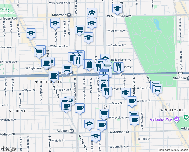 map of restaurants, bars, coffee shops, grocery stores, and more near 3934 North Marshfield Avenue in Chicago