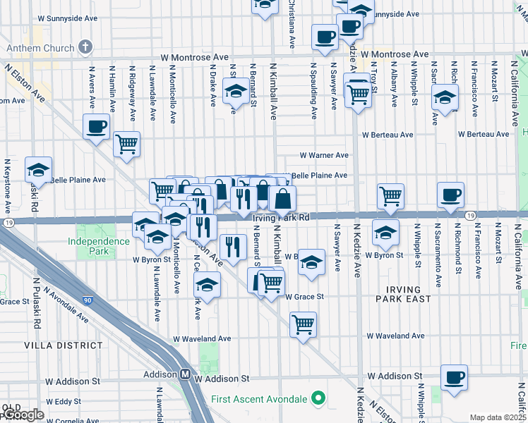 map of restaurants, bars, coffee shops, grocery stores, and more near 3423 Irving Park Road in Chicago