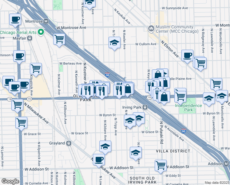 map of restaurants, bars, coffee shops, grocery stores, and more near 4223 Illinois 19 in Chicago