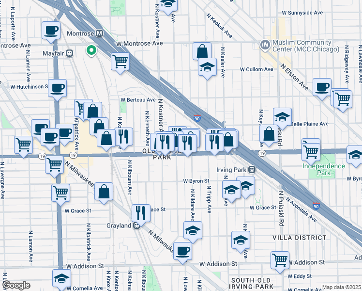 map of restaurants, bars, coffee shops, grocery stores, and more near 4323 Irving Park Road in Chicago