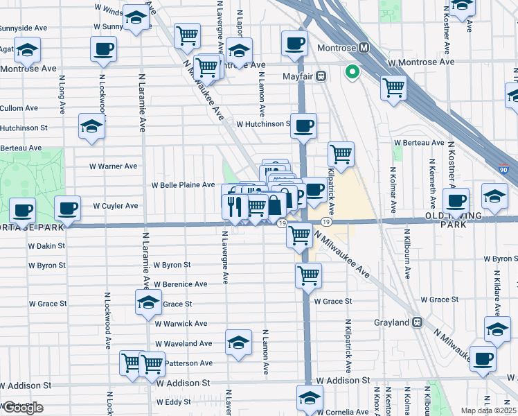 map of restaurants, bars, coffee shops, grocery stores, and more near 4900 Irving Park Road in Chicago