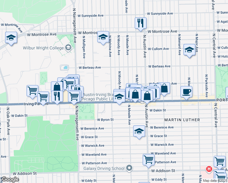 map of restaurants, bars, coffee shops, grocery stores, and more near 4017 North Melvina Avenue in Chicago